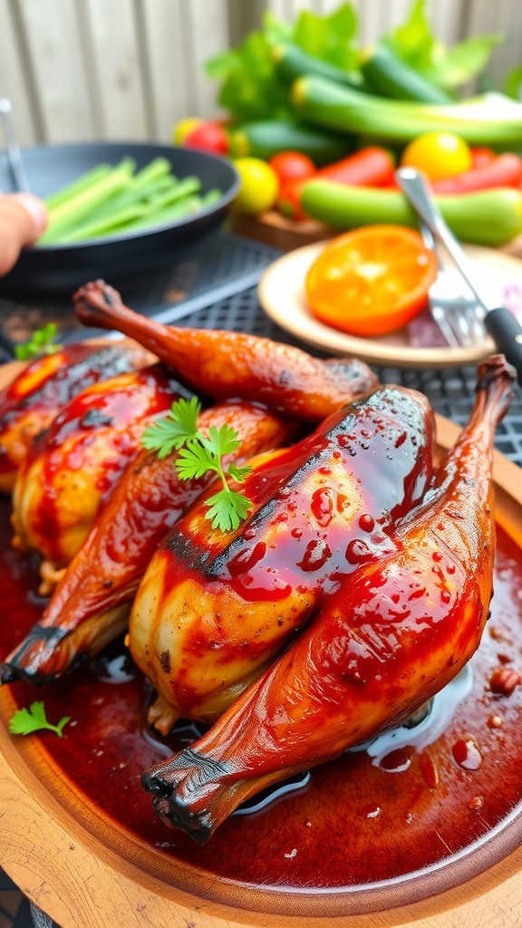 Grilled barbecue quail on a wooden platter, garnished with parsley, surrounded by grilling tools and fresh vegetables.